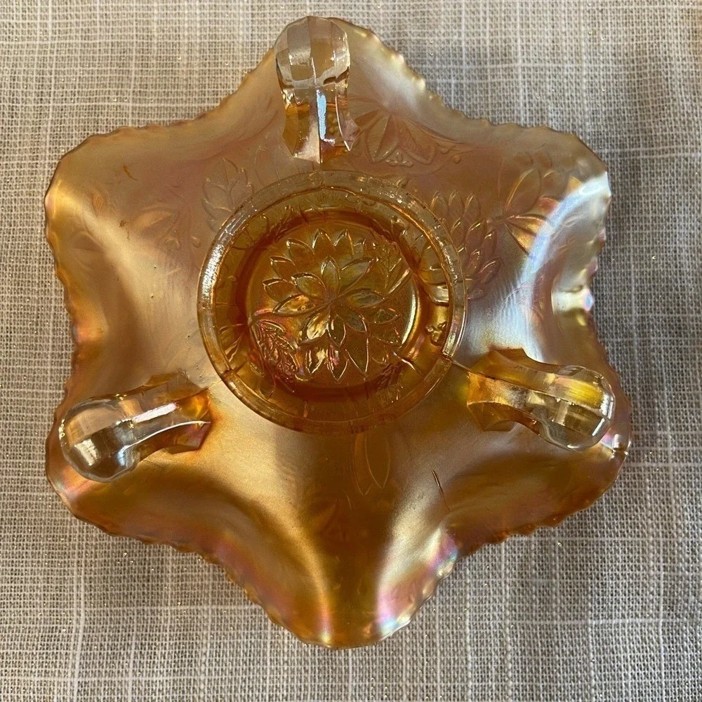 Antique Dugan Marigold Carnival Glass Garden Path Footed Ruffled Bowl